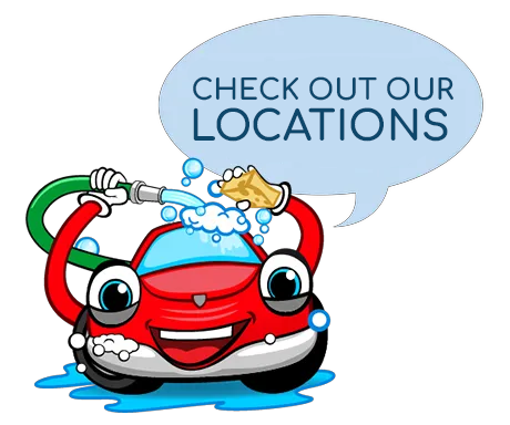 A cartoon car is washing itself with a hose and a speech bubble that says check out our locations