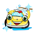 A cartoon car is washing itself with a towel and a brush.