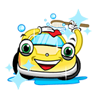 A cartoon car is washing itself with a towel and a brush.