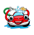 A cartoon car is washing itself with a hose.