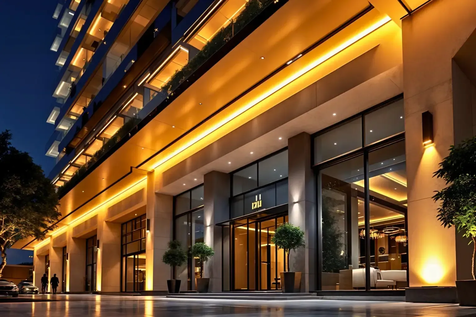 Modern building entrance illuminated with warm lights at night.