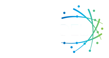 Abstract design of curved blue and green lines with connected dots, forming a partial circular shape.