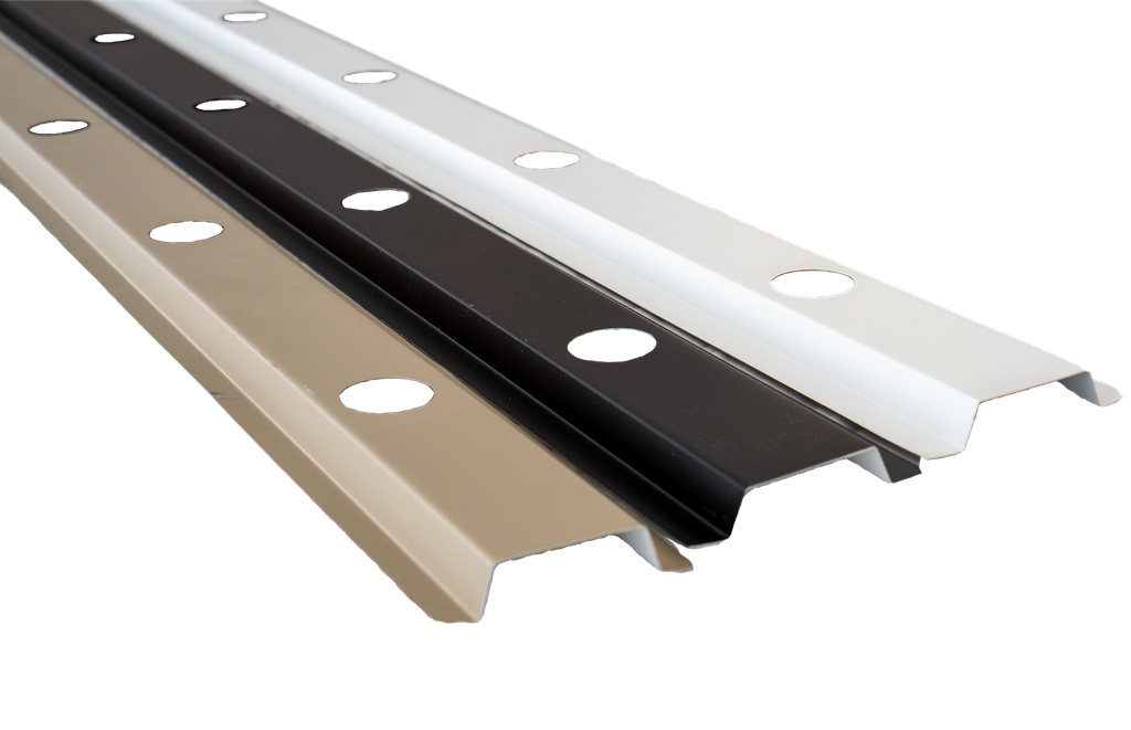 Three metal vent strips: tan, black, and silver, with evenly spaced holes and a grooved bottom edge.