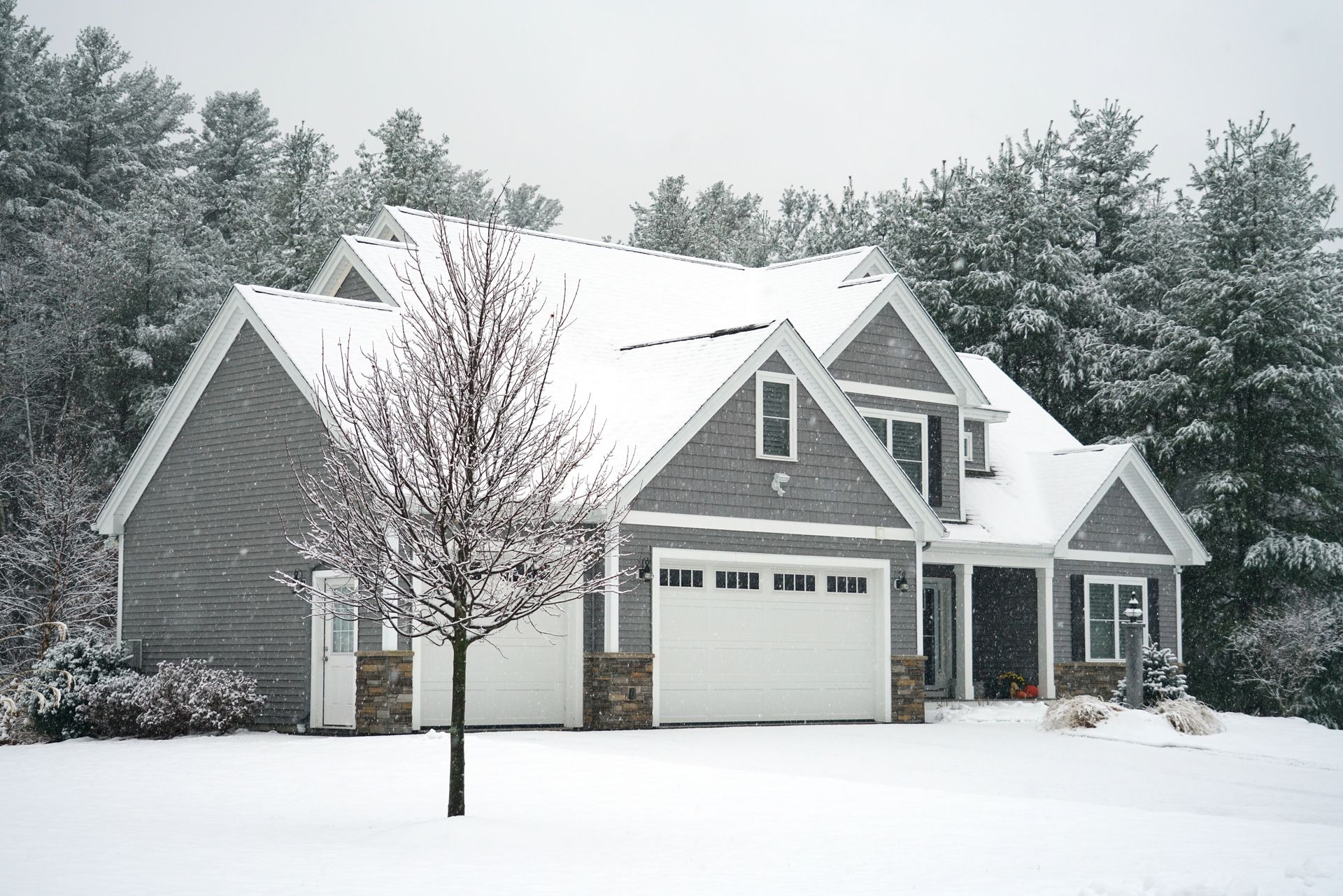 Snow-covered suburban house with a garage and bare tree in front, surrounded by snowy trees