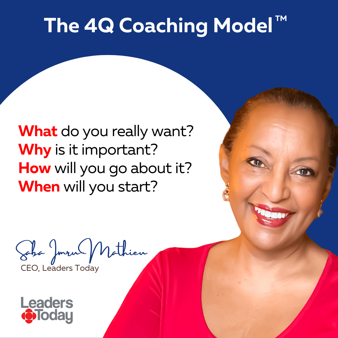 Saba Imru-Mathieu is smiling in front of a blue background with her 4Q coaching model written on it.