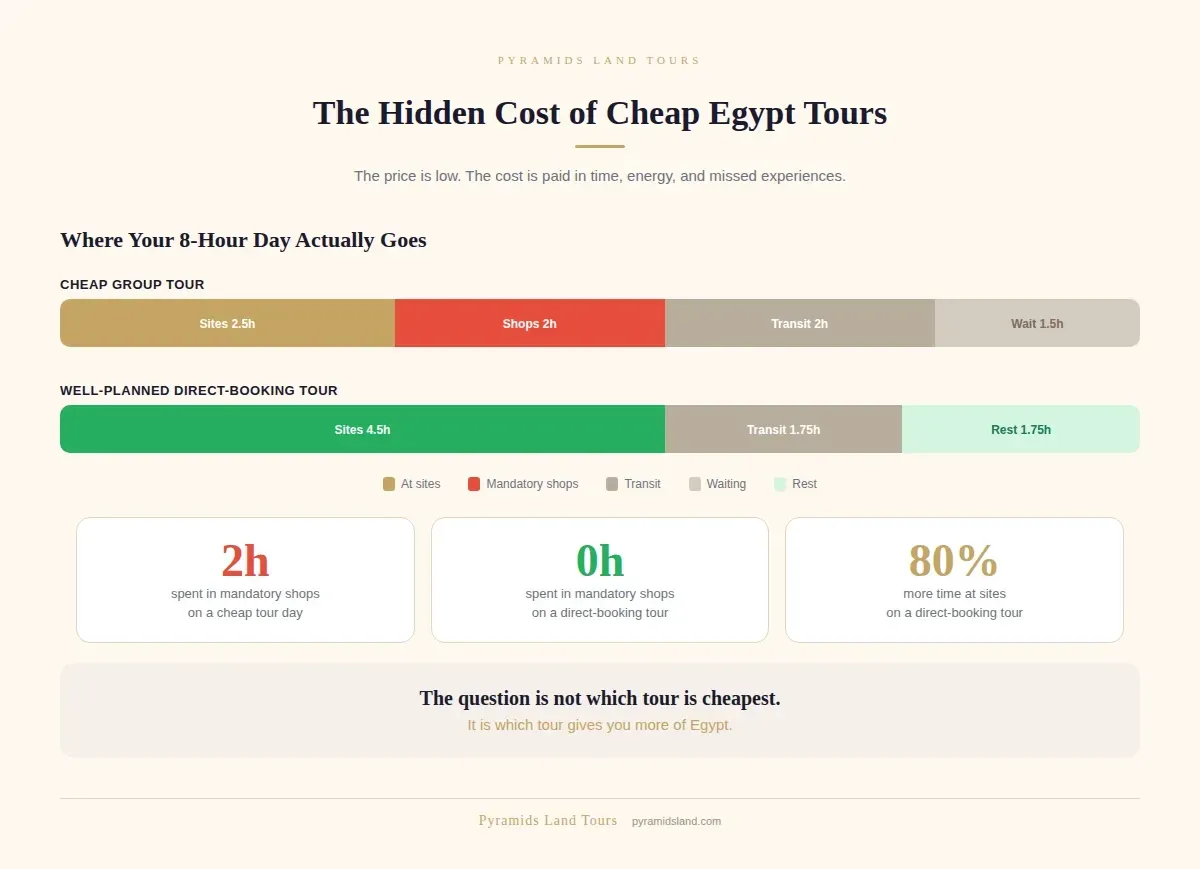 Time bar infographic comparing how cheap Egypt tours and direct-booking tours allocate an 8-hour day — cheap tours spend 2 hours in mandatory shops while direct-booking tours spend zero.