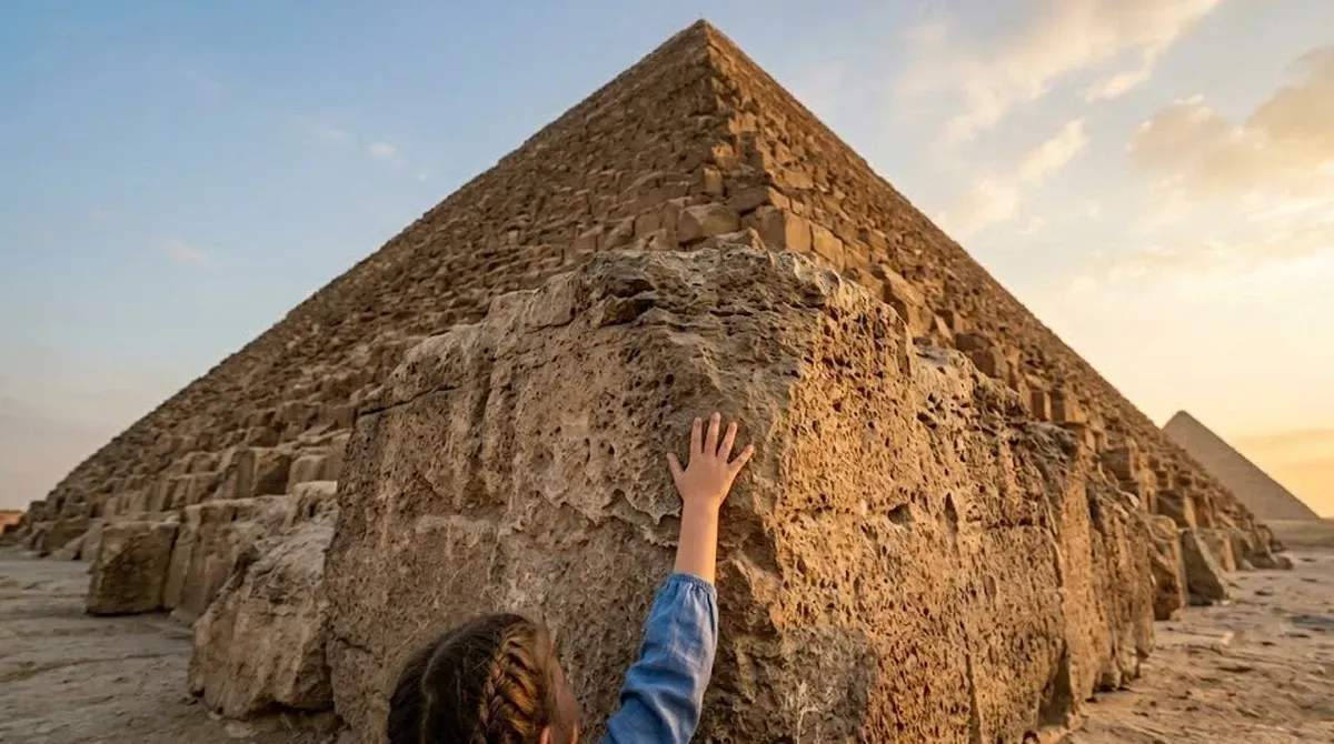 A child's hand touching a limestone block at the base of the Great Pyramid in morning light.