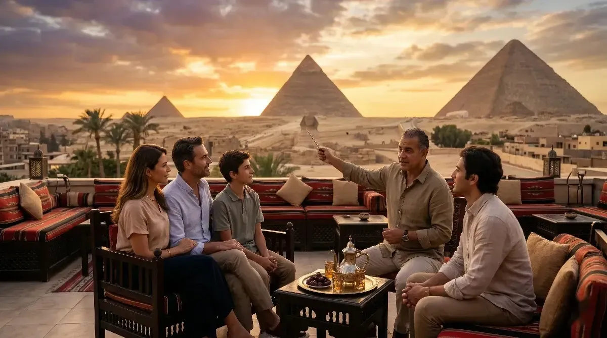An Egyptologist guide teaches a private group on a luxury terrace overlooking the Giza Pyramids at sunset.