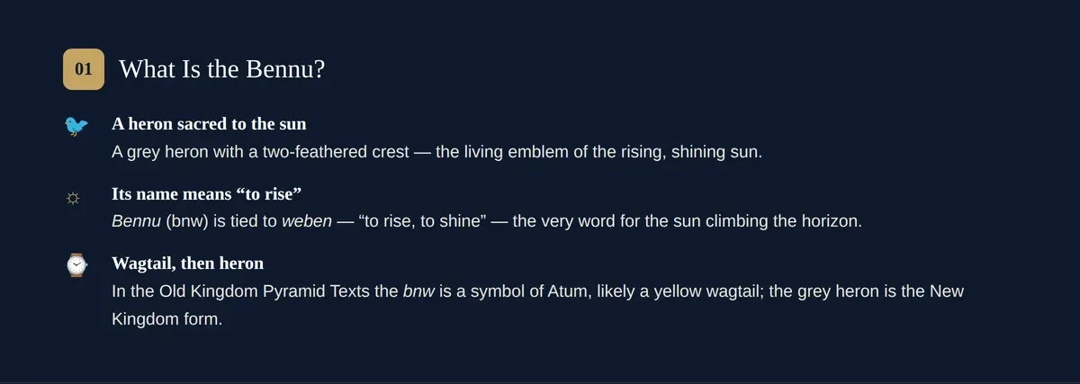 What the Bennu bird is — ancient Egypt's sacred heron, symbol of the sun, creation and rebirth.