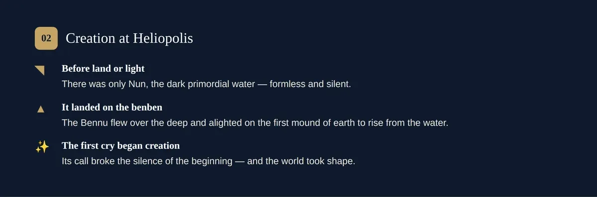 The Bennu in Egypt's creation myth — landing on the benben, the first mound to rise from the waters.