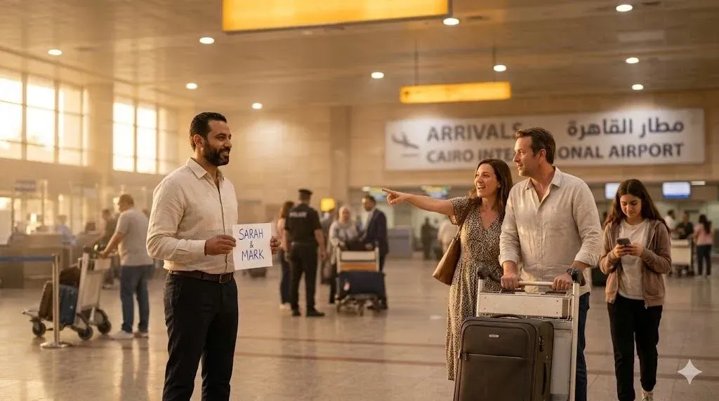 Family spotting their guide holding a name sign at Cairo International Airport arrivals