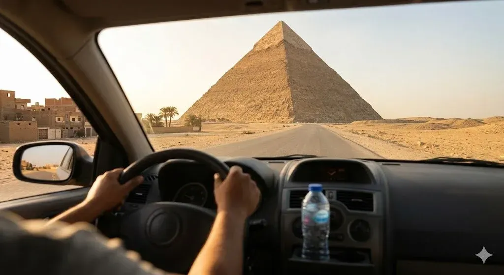 View of the Great Pyramid through a car windshield with a water bottle on the dashboard approaching