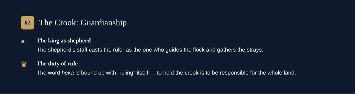 The crook (heka) — the pharaoh as shepherd of his people, symbol of guidance, gathering and protection.