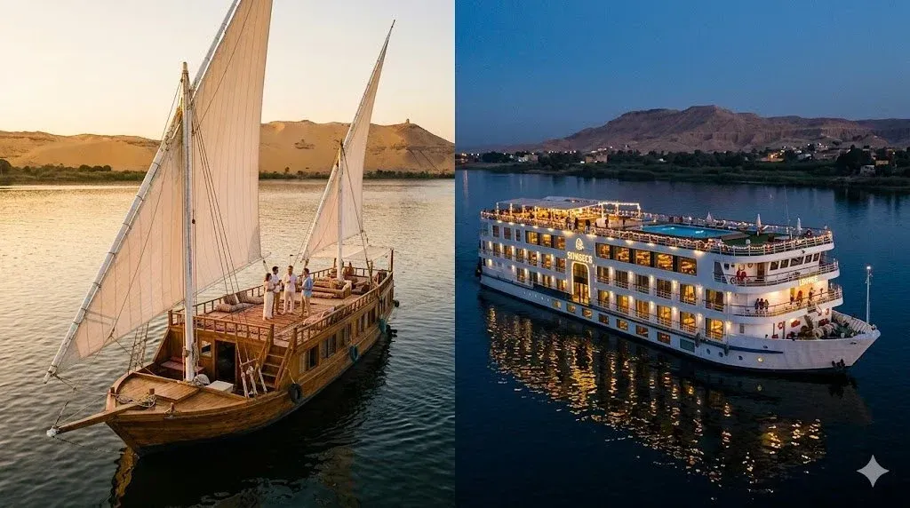 Traditional wooden dahabiya with white sails beside a large illuminated Nile cruise ship at dusk