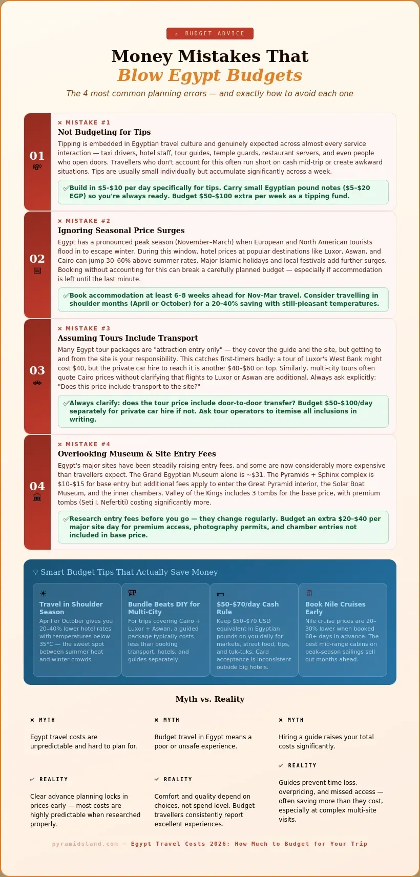 Egypt budget mistakes infographic showing four common planning errors: not budgeting for tips with fix of $5 to $10 per day, ignoring seasonal price surges of 30 to 60 percent in peak November to March with fix of booking 6 to 8 weeks ahead, assuming tours include transport with fix of budgeting $50 to $100 per day for private cars, and overlooking museum entry fees like the $31 Grand Egyptian Museum with fix of budgeting $20 to $40 extra per major site day, plus four smart budget tips and three myth versus reality panels
