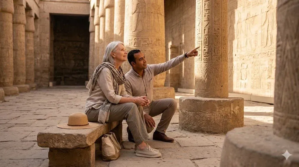 Senior traveler seated in an Egyptian temple while her guide points out hieroglyphs on a carved colu