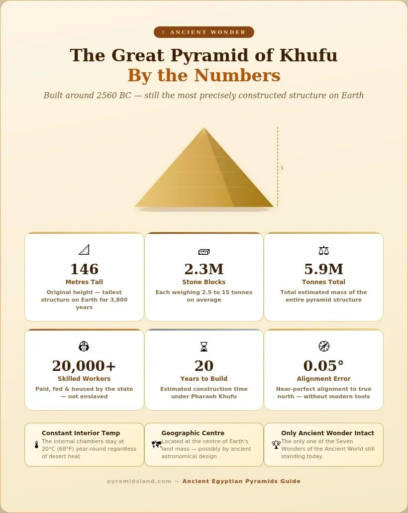 Infographic showing facts and figures about the Great Pyramid of Khufu, including its height of 146 metres, 2.3 million stone blocks, 20 years to build, 20000 workers, and 0.05 degree alignment precision