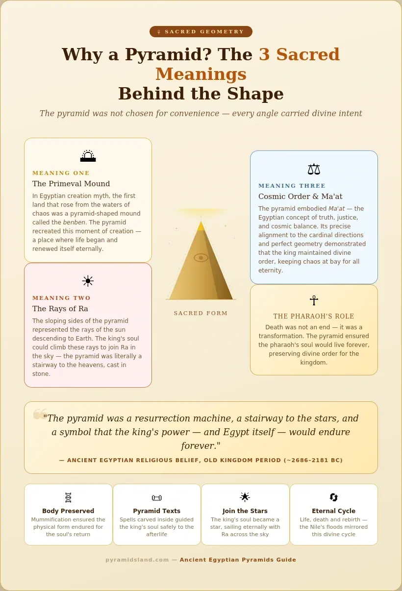 Infographic explaining the three sacred meanings behind the pyramid shape in ancient Egypt — the primeval mound of creation, the rays of the sun god Ra, and cosmic order and Ma'at.