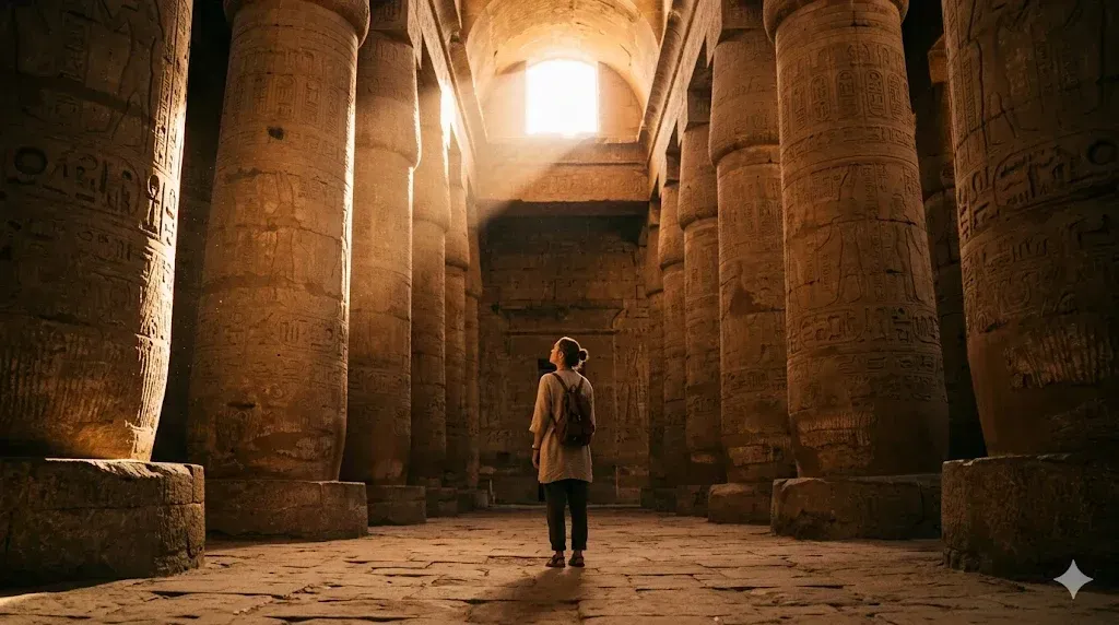 Solo traveler standing among ancient Egyptian temple columns at golden hour