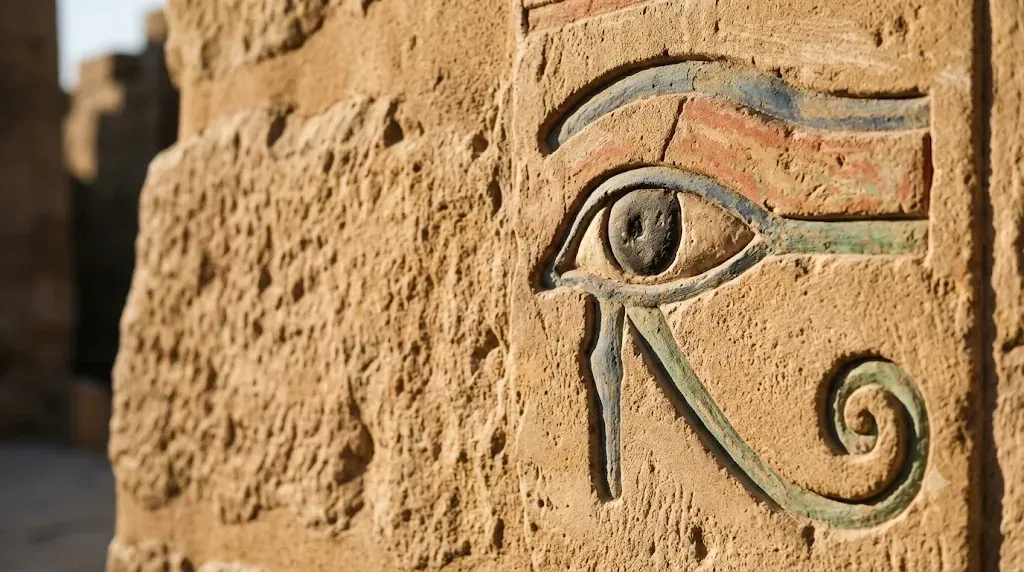 Eye of Horus (wedjat) carved into weathered sandstone, traces of ancient blue and ochre pigment, lit