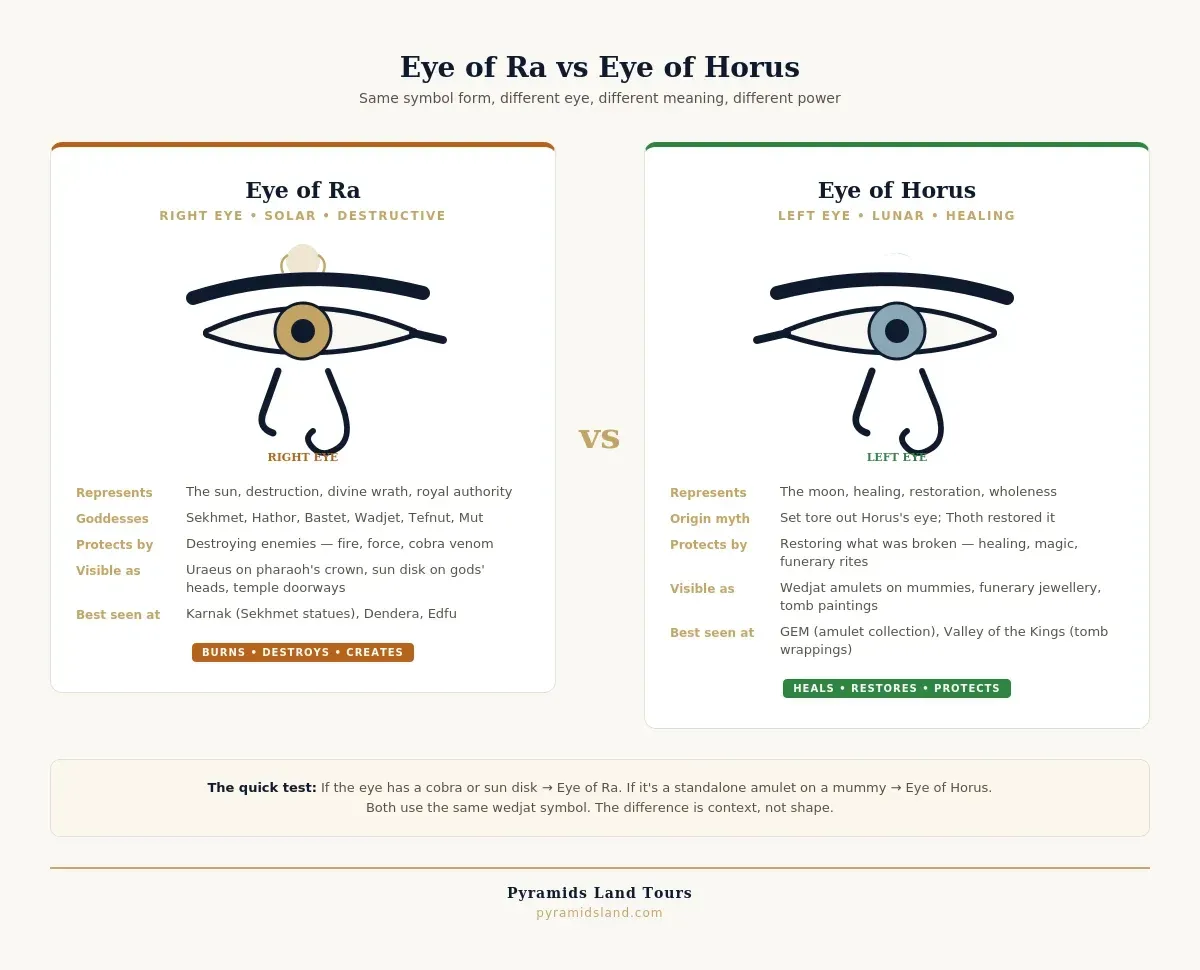 Side-by-side comparison of the Eye of Ra and Eye of Horus showing the right eye with gold iris, sun disk, and uraeus cobra representing solar destructive power associated with Sekhmet, Hathor, and Bastet, versus the left eye with blue-grey iris and moon crescent representing lunar healing power from the myth of Horus and Set, with key traits listed for each including what they represent, how they protect, where they are visible, and where to see them in Egypt