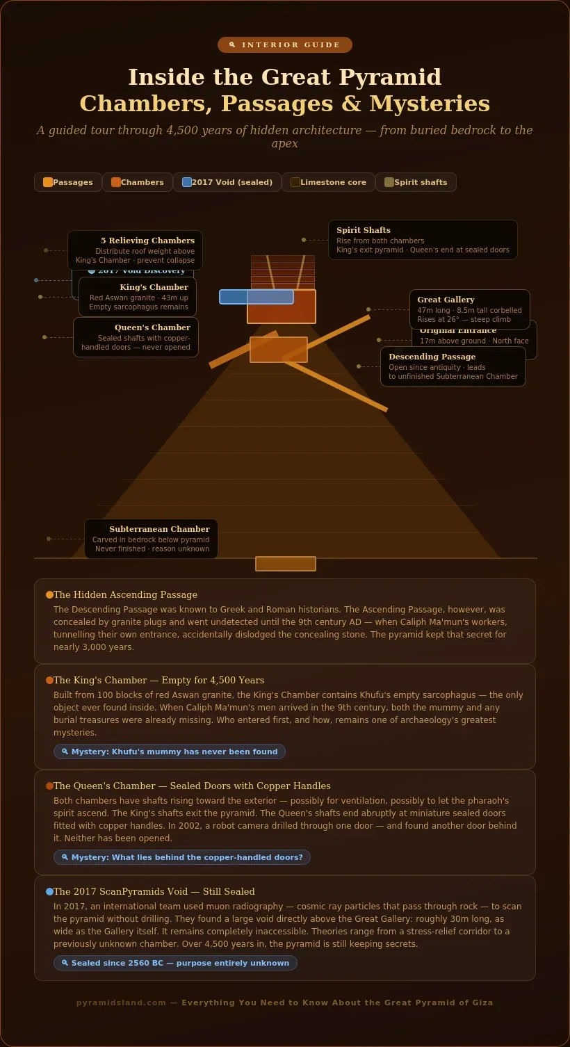 Cross-section diagram of the Great Pyramid of Giza showing the Descending Passage, Ascending Passage, Great Gallery, King's Chamber with sarcophagus, Queen's Chamber with sealed copper-handled doors, five Relieving Chambers, Subterranean Chamber in bedrock, spirit shafts, and the 2017 void discovery above the Great Gallery