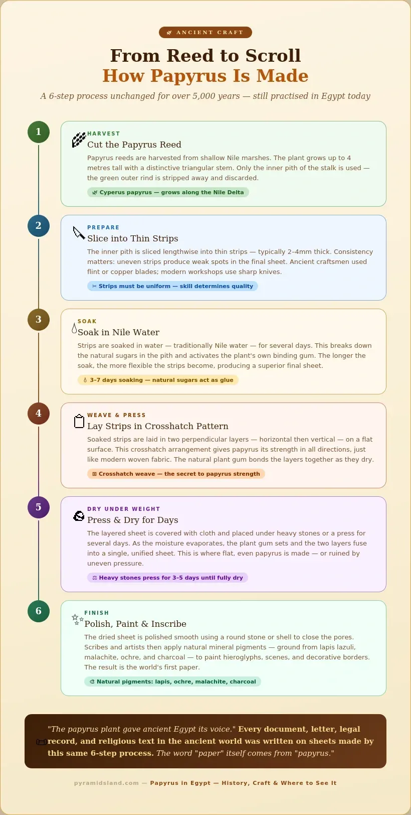 Step-by-step infographic showing how papyrus is made in 6 stages from harvesting Nile reeds and soaking strips to pressing in a crosshatch pattern and painting with natural mineral pigments