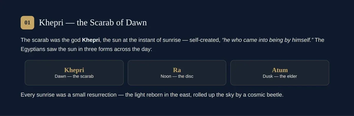 Khepri, the scarab god of the dawn sun, and the Khepri–Ra–Atum daily sun cycle.