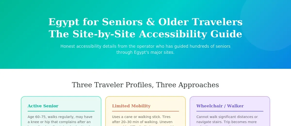 Three senior traveler mobility profiles active limited and wheelchair with descriptions