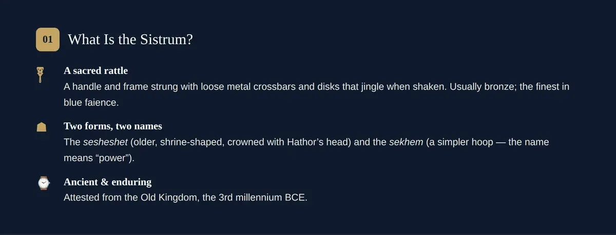 What a sistrum is — the sacred Egyptian rattle, in its shrine-shaped sesheshet and hoop-shaped sekhem forms.