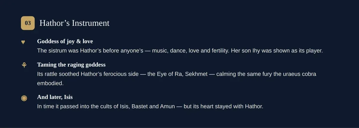The sistrum as Hathor's instrument — music and joy, and the rattle that calmed the raging Eye of Ra.