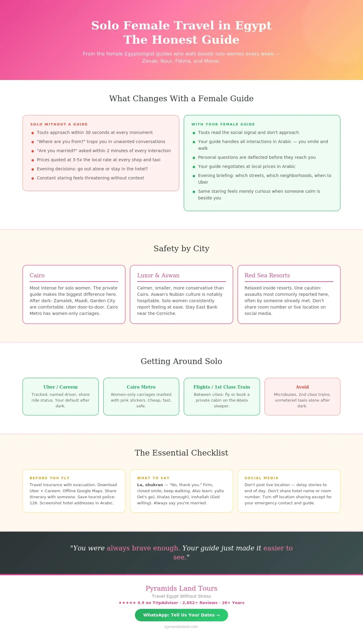 Solo female Egypt travel guide showing what changes with a female guide safety by city transport options and essential checklist