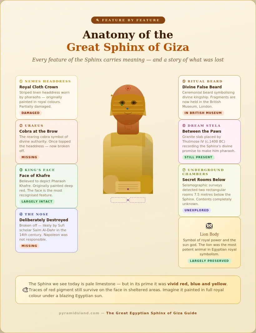 Labelled anatomy diagram of the Great Sphinx of Giza showing the nemes headdress, uraeus cobra, face of Khafre, missing nose, ritual beard now in the British Museum, Dream Stela between the paws, and underground chambers