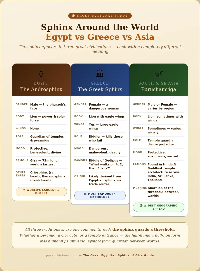 Comparison infographic of sphinx figures across three civilisations — Egyptian Androsphinx as male guardian, Greek Sphinx as female winged riddler, and South Asian Purushamriga as temple guardian