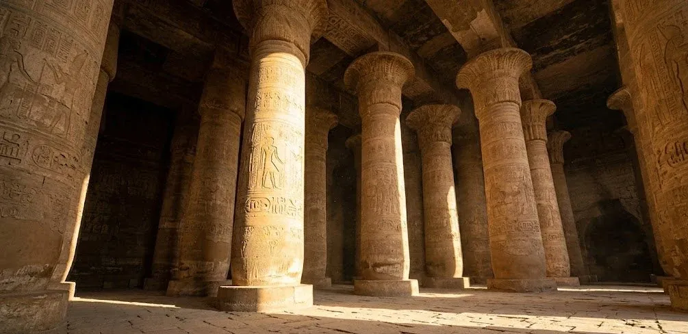 Golden morning light falling through the carved stone columns of an ancient Egyptian temple hall