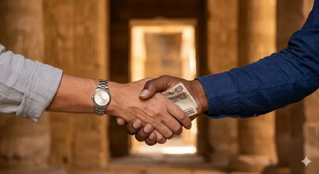 Discreet handshake with folded Egyptian pound notes inside an ancient temple doorway