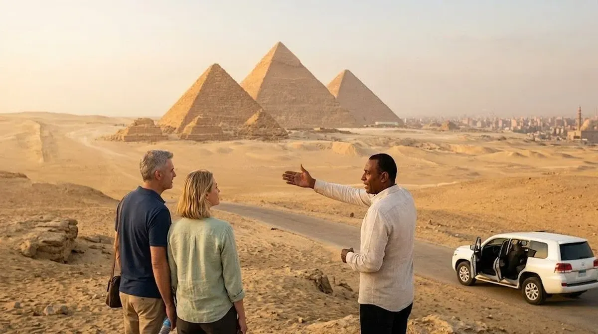 Egyptologist guide gesturing toward the three Pyramids of Giza at golden hour while a couple looks on beside their private vehicle
