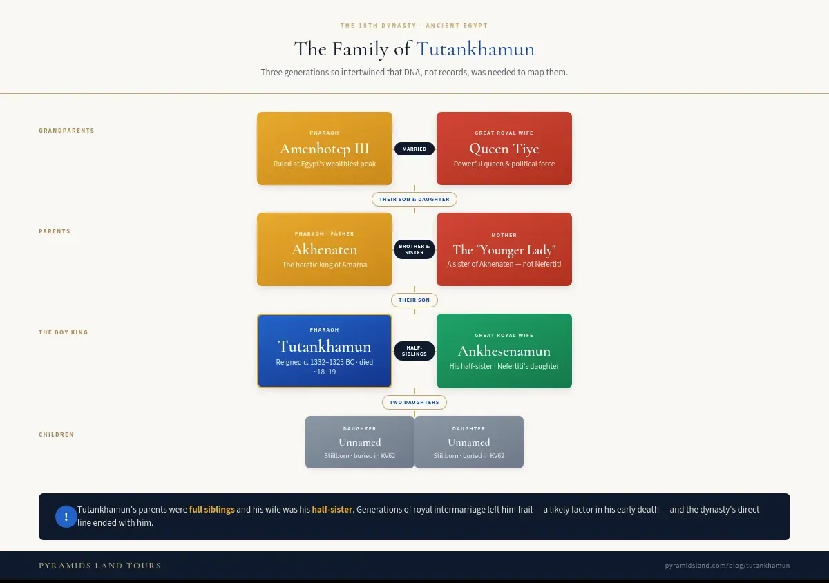 Family tree of Tutankhamun showing his father Akhenaten, mother the Younger Lady, grandparents Amenhotep III and Queen Tiye, wife Ankhesenamun, and two stillborn daughters