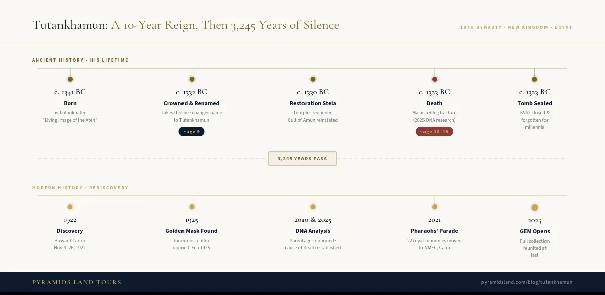 Timeline of Tutankhamun from birth around 1341 BC to death at 18, then rediscovery by Howard Carter in 1922 and the GEM opening in 2025