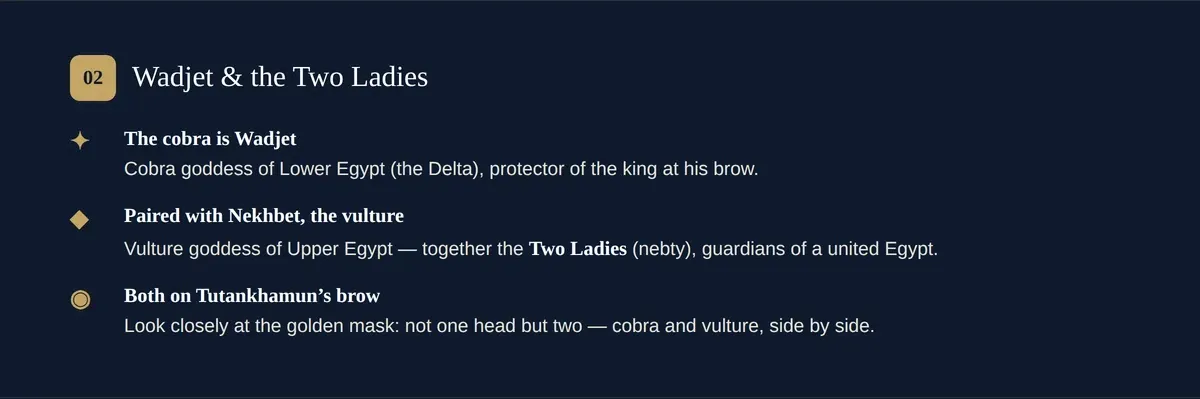 Wadjet, the cobra goddess of the uraeus, paired with the vulture Nekhbet as the Two Ladies of Egypt.