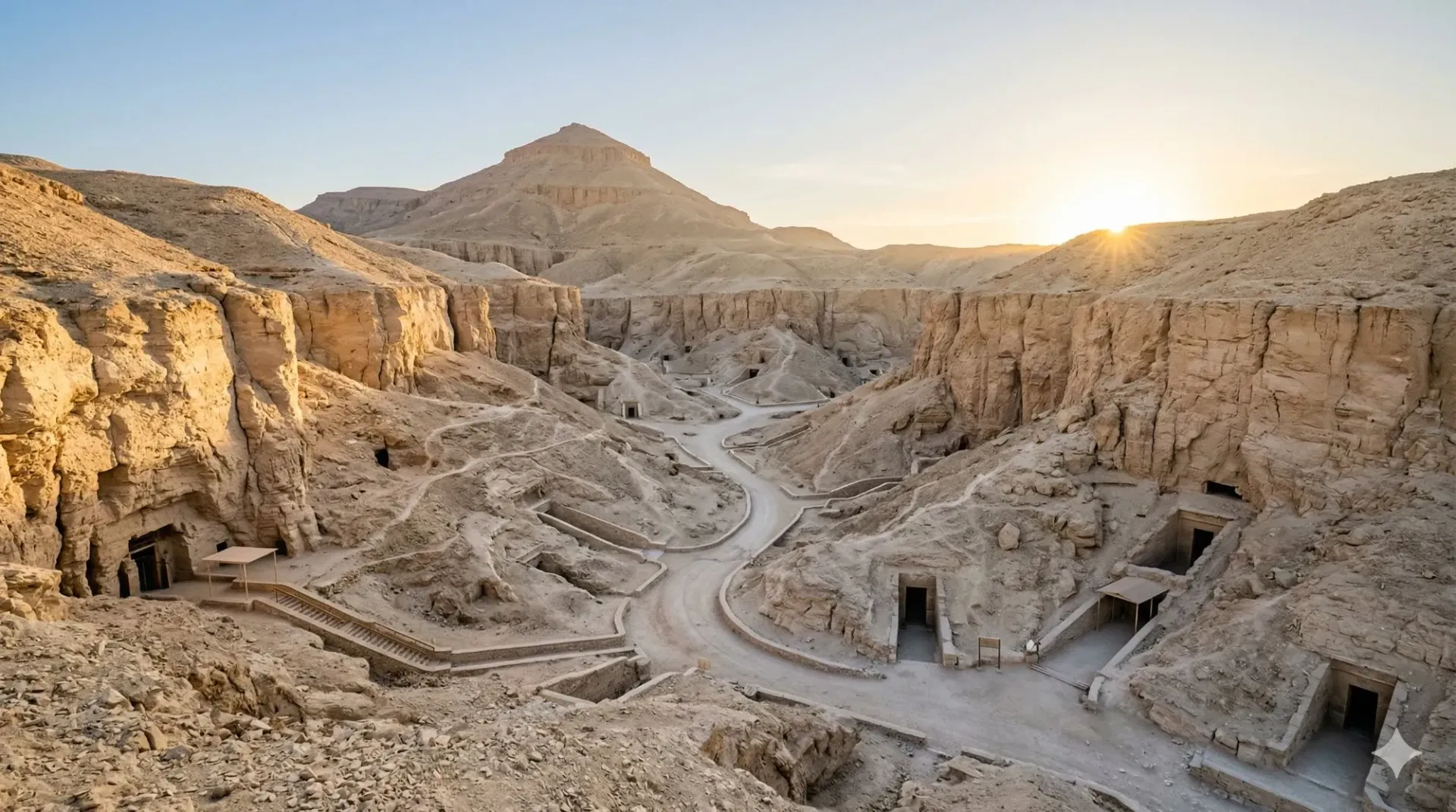 `Valley of the Kings at sunrise limestone cliffs, tomb entrances, winding pathways, and the pyrami