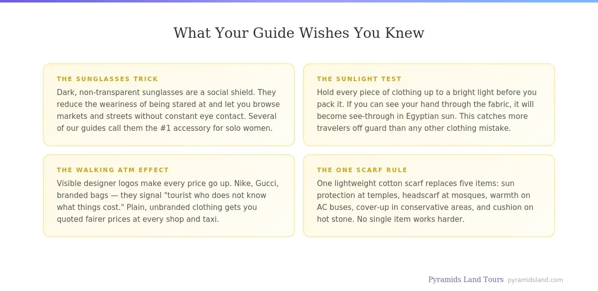 Four insider clothing tips for Egypt including sunglasses trick sunlight test walking ATM effect and one scarf rule