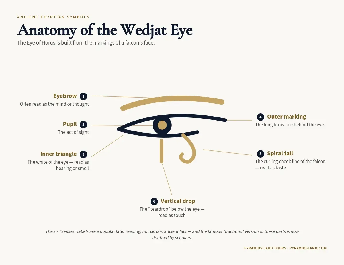 Diagram of the Eye of Horus (wedjat) showing its six parts and the falcon markings the symbol is based on.