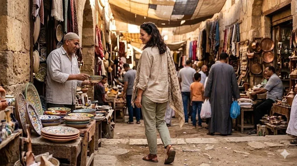 Woman in loose linen clothing browsing ceramics at an Egyptian souk with a draped scarf over her sho