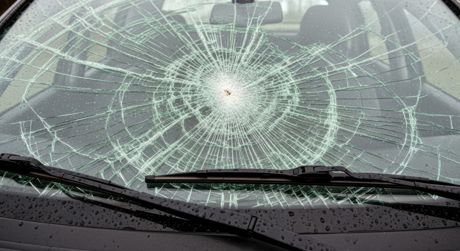 Severely cracked car windshield with spiderweb damage spreading across the glass