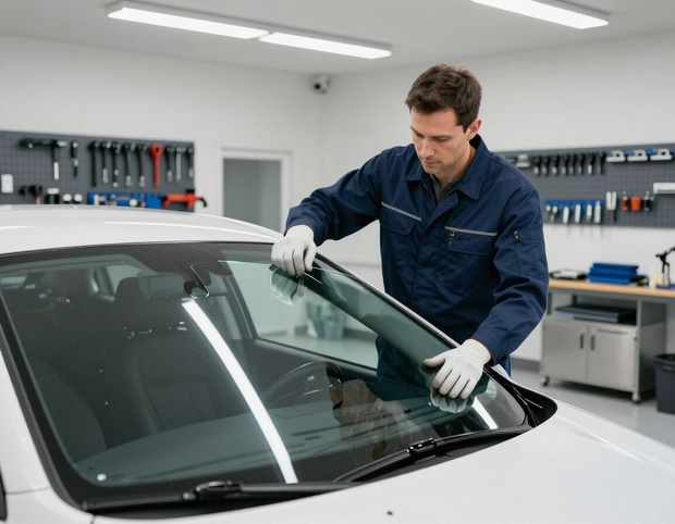 Technician replacing a windshield