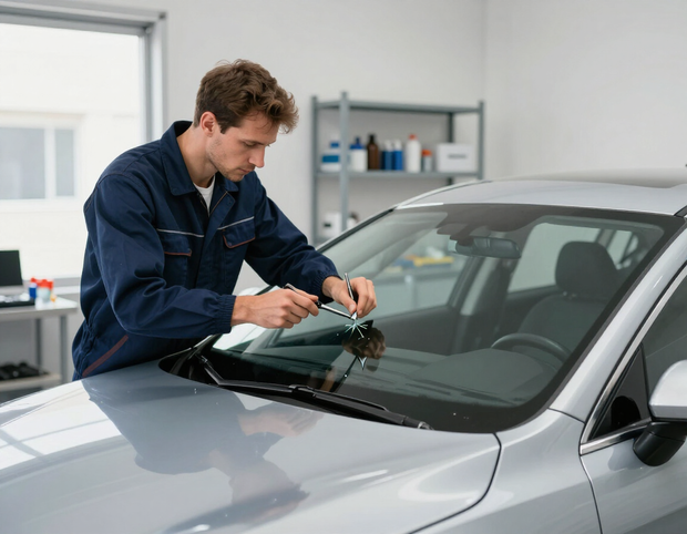 Technician repairing a windshield chip