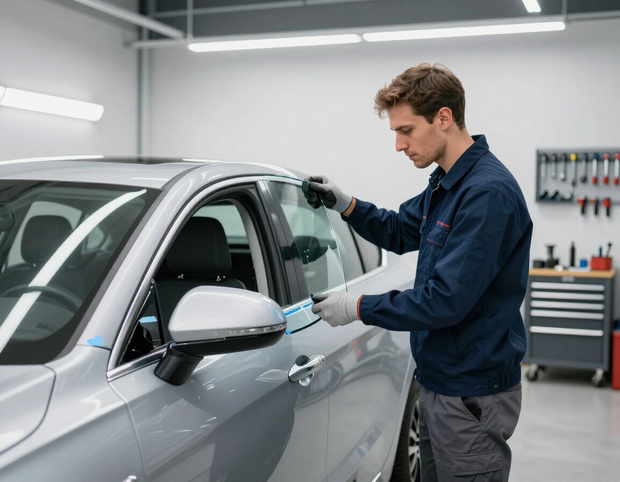 Technician replacing a side window