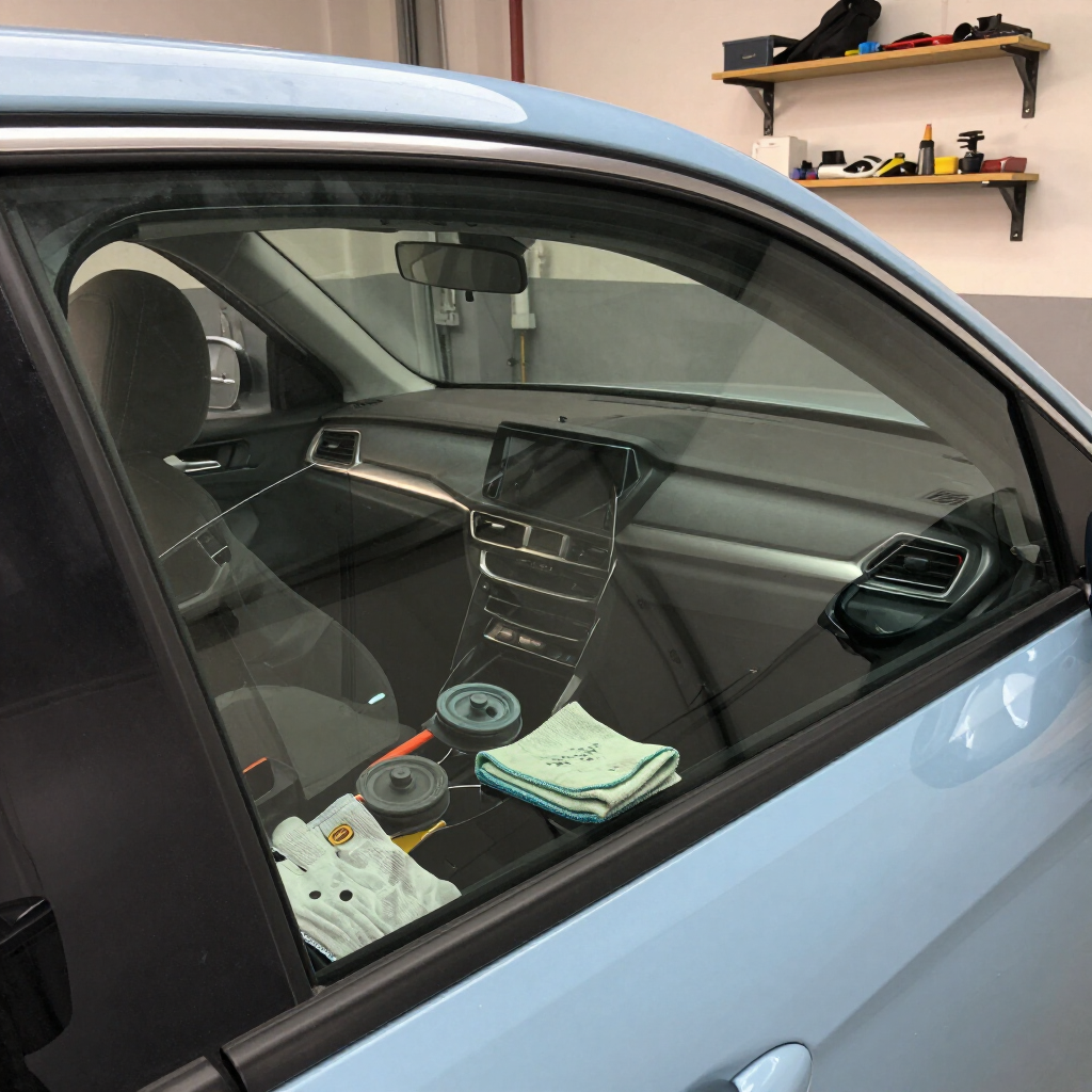 Inside a blue car, dashboard and center console visible, with folded cash and coins on the passenger seat.