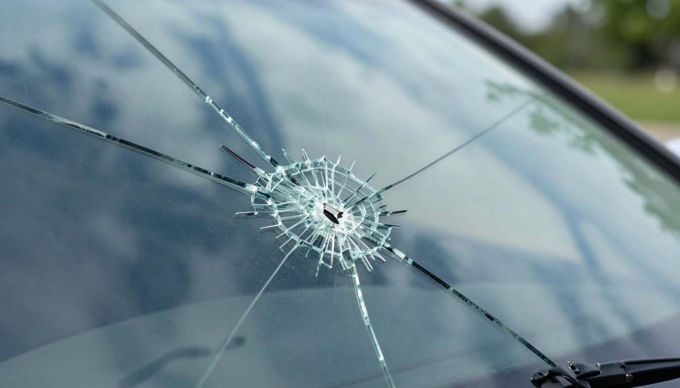 Cracked windshield with a spiderweb impact mark near the center